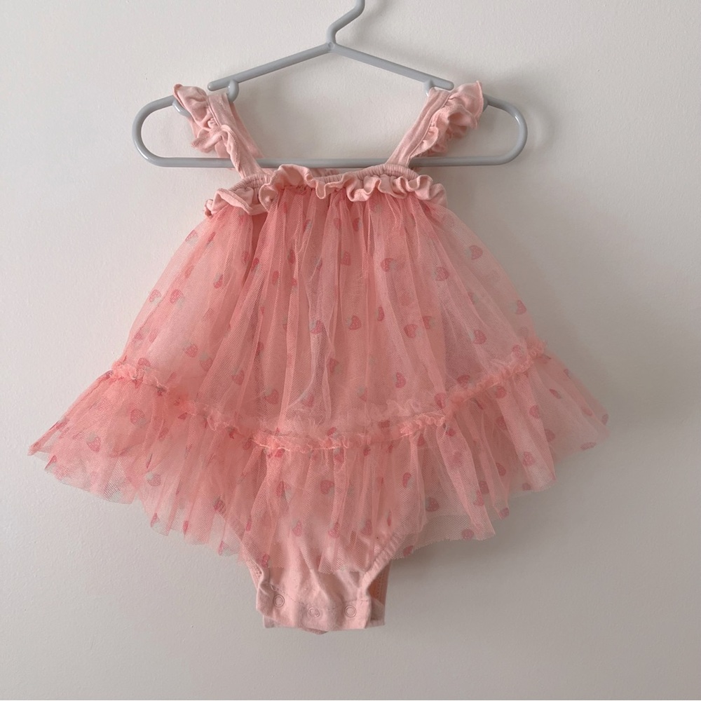 Girls Catherine Malandrino Tool Dress 6-9m Pink Strawberries Ruffles